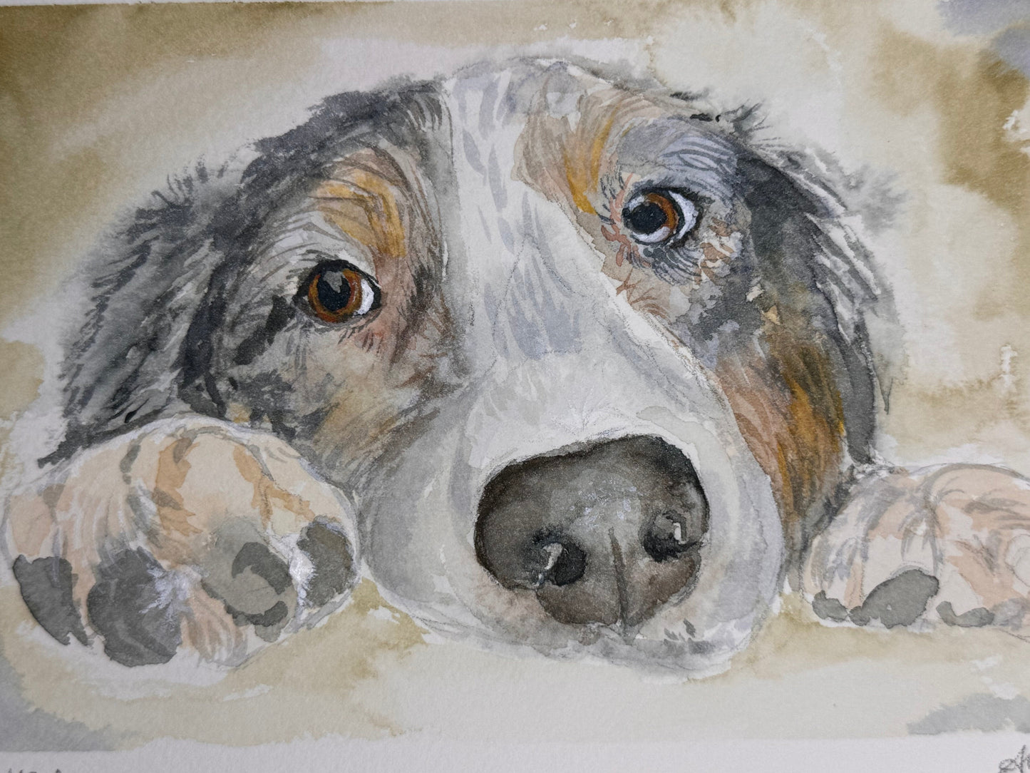 Watercolor painting of a dog's face with a soft focus background